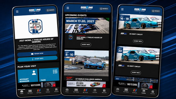 Three Sebring International Raceway app screens featuring the Mobil 1 Twelve Hours of Sebring, upcoming events, and calendar listings.